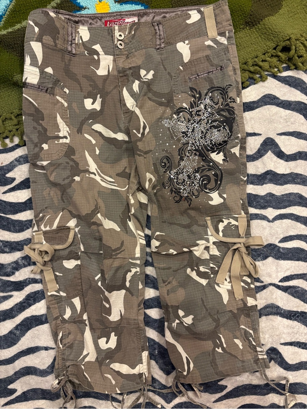 Y2K Camo Cargo Capris with Embellished Graphic - Olive Green